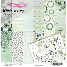 Scrapbooking paper set, White Spring, 12 double sided paper sheets + bonus sheet, 12 inch, Magenta Line