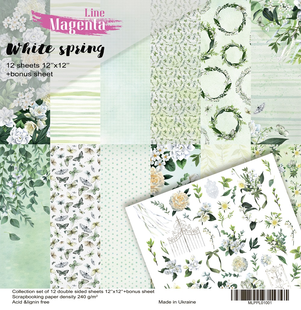 Scrapbooking paper set, White Spring, 12 double sided paper sheets + bonus sheet, 12 inch, Magenta Line