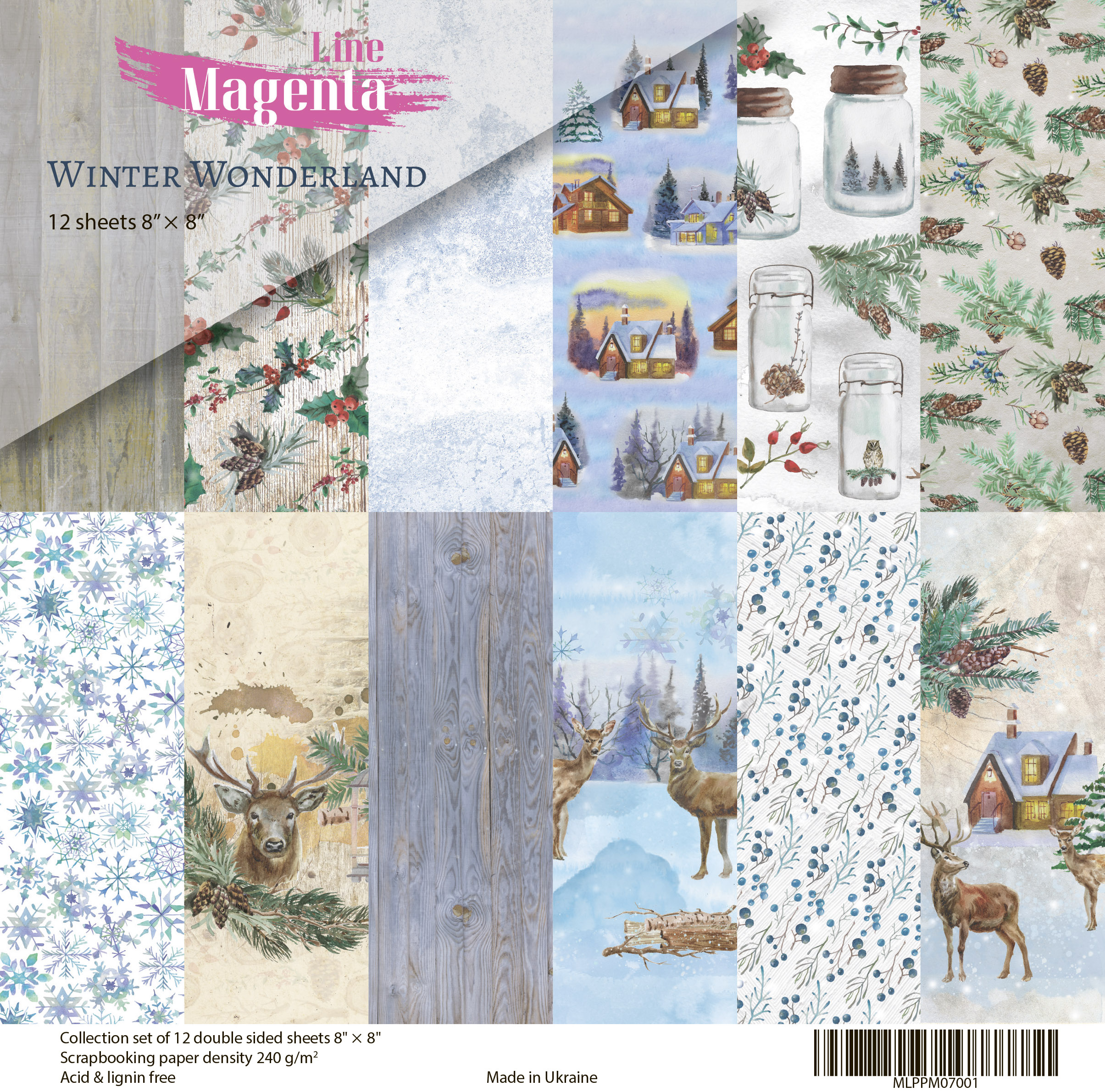Набір скраппаперу, Winter Wonderland, 12 двосторонніх аркушів, 20х20 см, Magenta Line